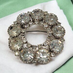 Vtg Crystal Rhinestone Wreath Circle Brooch Pin Silver Tone Statement Heavy Gift